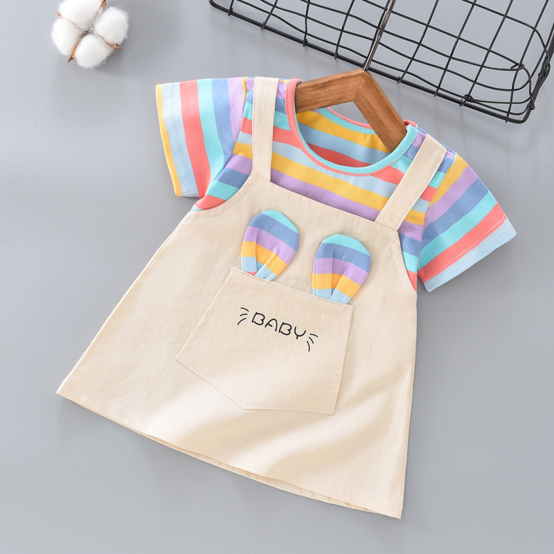 Girls summer dress 2025 new style cotton thin summer short sleeve girls children's skirt fake two pieces