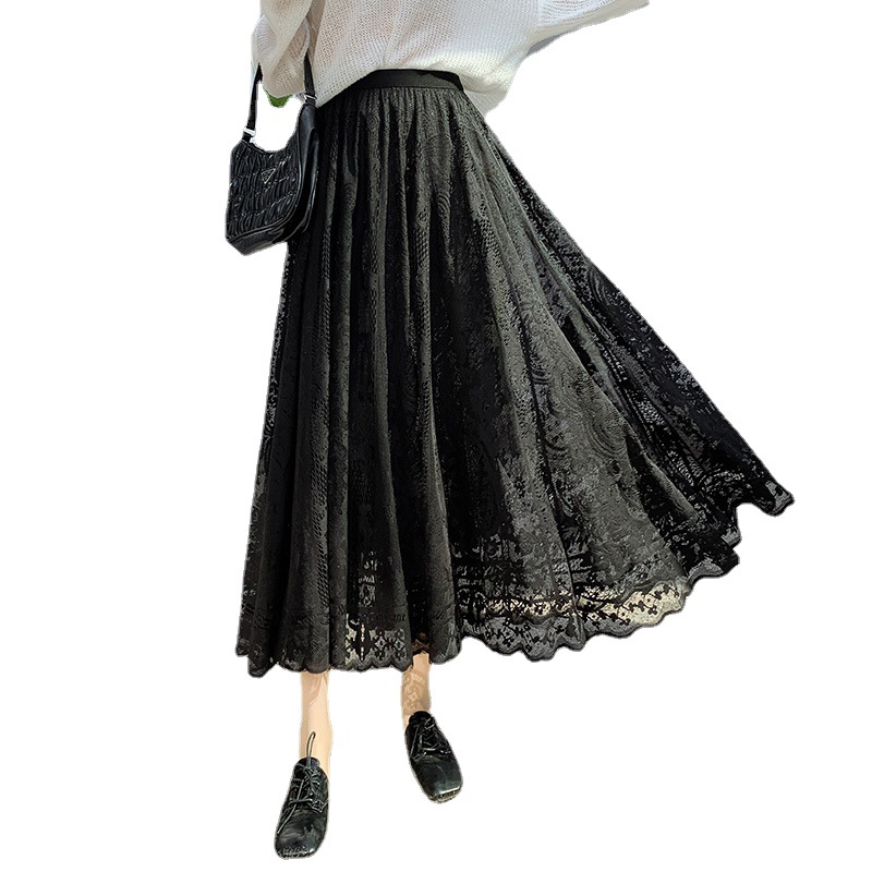 Seamless lace and velvet skirt with large swing, slimming and covering the crotch, new high-waisted A-line pleated mid-length skirt