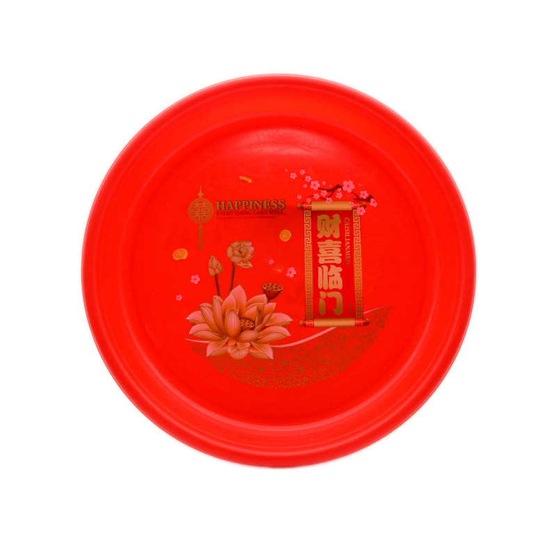 Chinese Style Plastic Fortune Happy Door Round Plate Festive Big Red Flat Plate Wedding Buddha Worship Tray Tea Tray