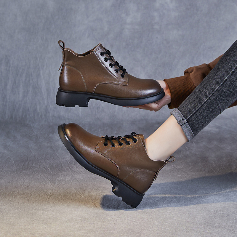 Genuine Leather British Martin Boots Women's V-Mouth Lace-Up Short Boots 2023 Spring and Autumn New Lace-Up Ankle Thin Boots Women's Boots
