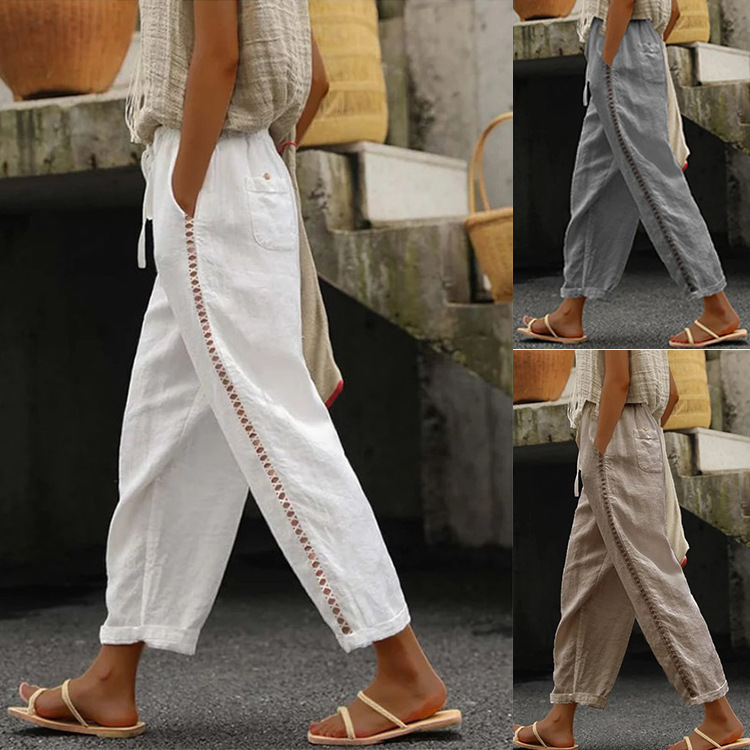 Cross-border 2024 spring and summer Europe and the United States Amazon wish foreign trade new leisure lace hollow stitching pants women