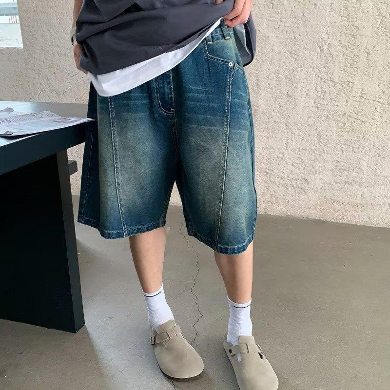 Trendy Brand American vibe Vintage Washed Distressed Denim Shorts Men's High Street Design Sense Loose Straight Half Pants