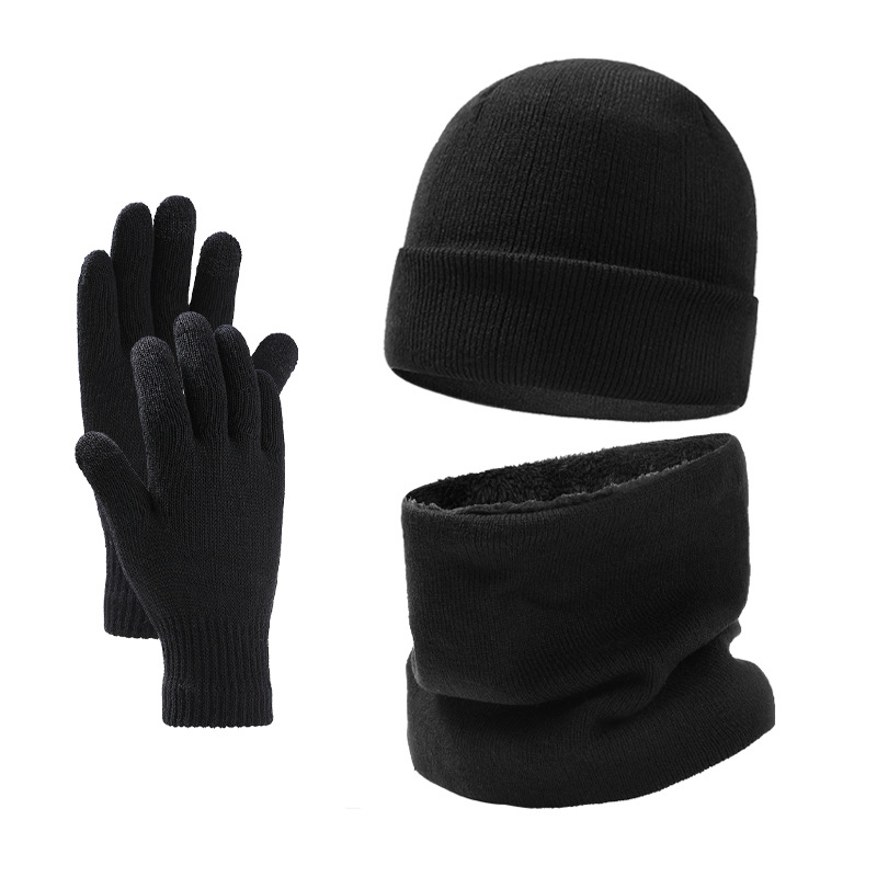 European and American winter hat scarf gloves three-piece men's knitted hat velvet winter wool hat scarf _voghion.com