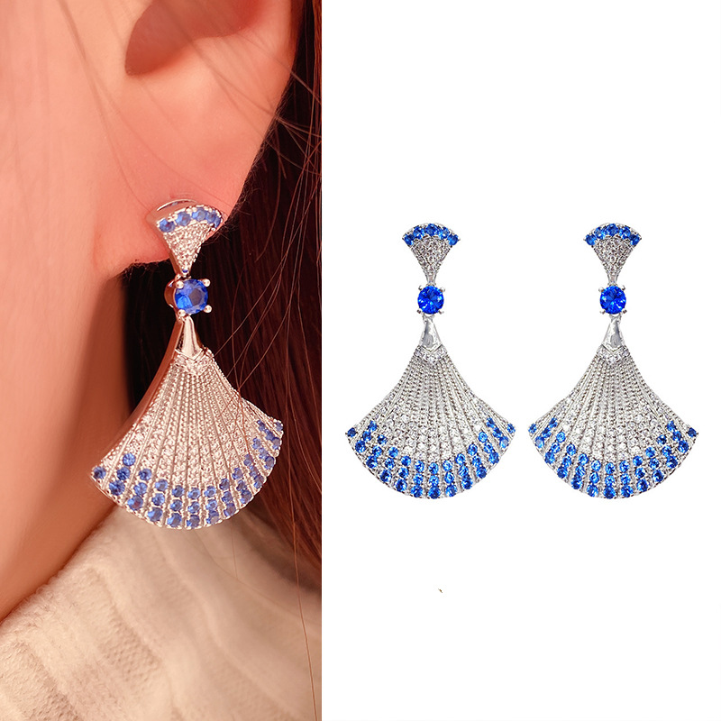 925 silver needle fan-shaped red and blue zircon mini skirt earrings set with blue diamonds, versatile luxury star earrings