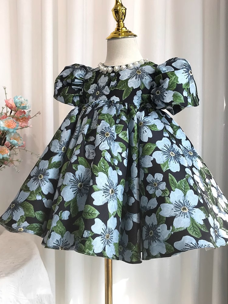 女寶寶周歲禮服2025韓版緞面兒童連衣裙中小童女童泡泡袖公主裙子