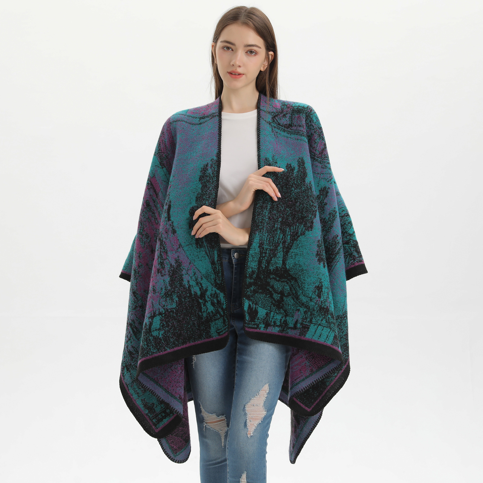 Autumn and Winter Chinese Style Women's Shawl Yunnan Lijiang Travel Camping Photo Warm Outer Cardigan Cape