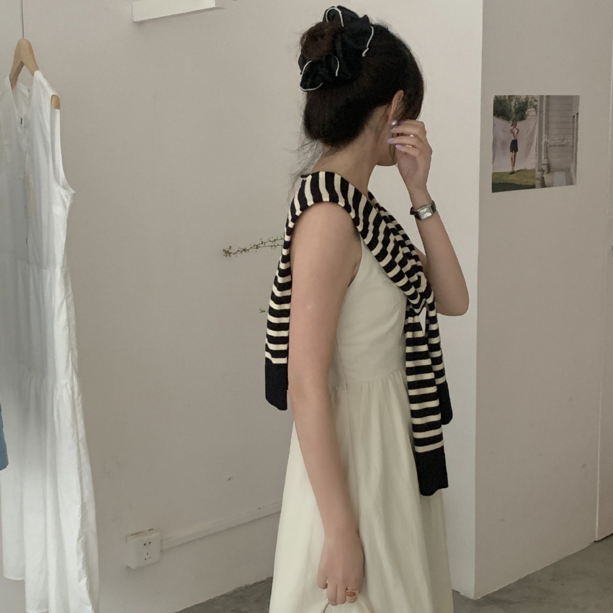 Factory direct women's spring and summer shawl sunscreen stripes outside knitted stitching fashion fake collar small shoulder waistcoat