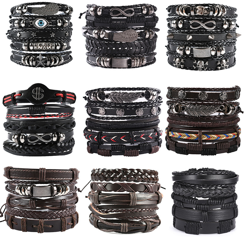 European and American cross-border leather hand-woven men's bracelet hip-hop punk diy set series first jewelry wholesale