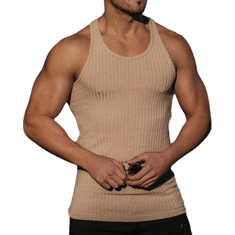 Cross-border foreign trade summer knitted vertical stripes fitness sports leisure slim men's vest men's I-shaped vest men