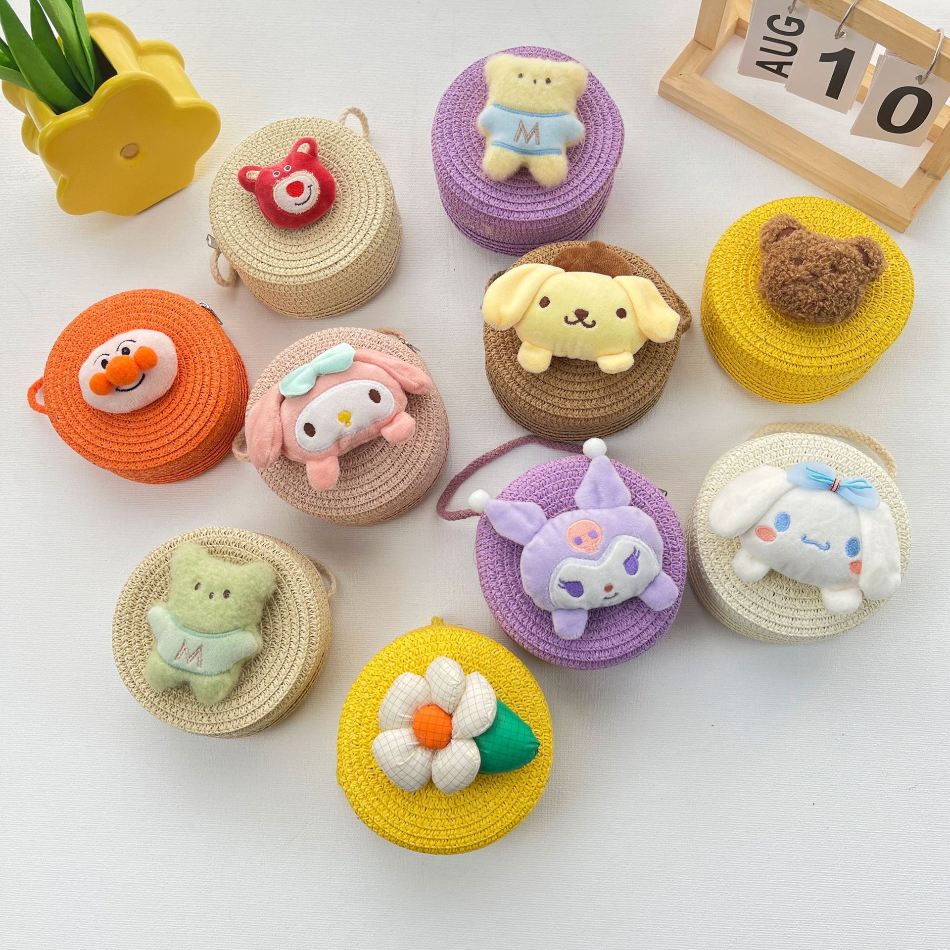 Children's bag Japanese cartoon small round bag straw big ears dog Bear girl boy crossbody change small bag