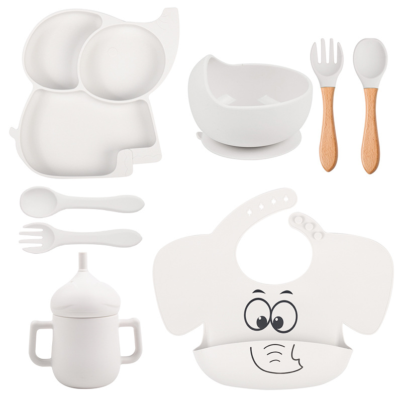 8-piece Children's silicone tableware set elephant silicone plate bowl bib Cup spoon Fork set silicone tableware