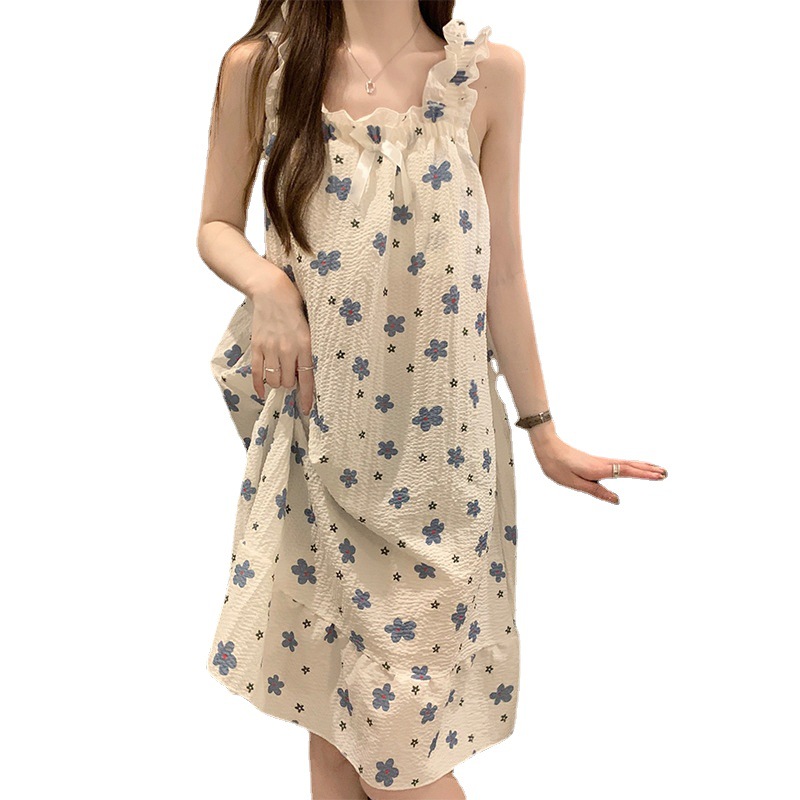Cross-border Pajamas Women's Summer Sweet ins Style Bubble Cotton Thin Style with Chest Pad Sling Nightgown Outdoor Wear
