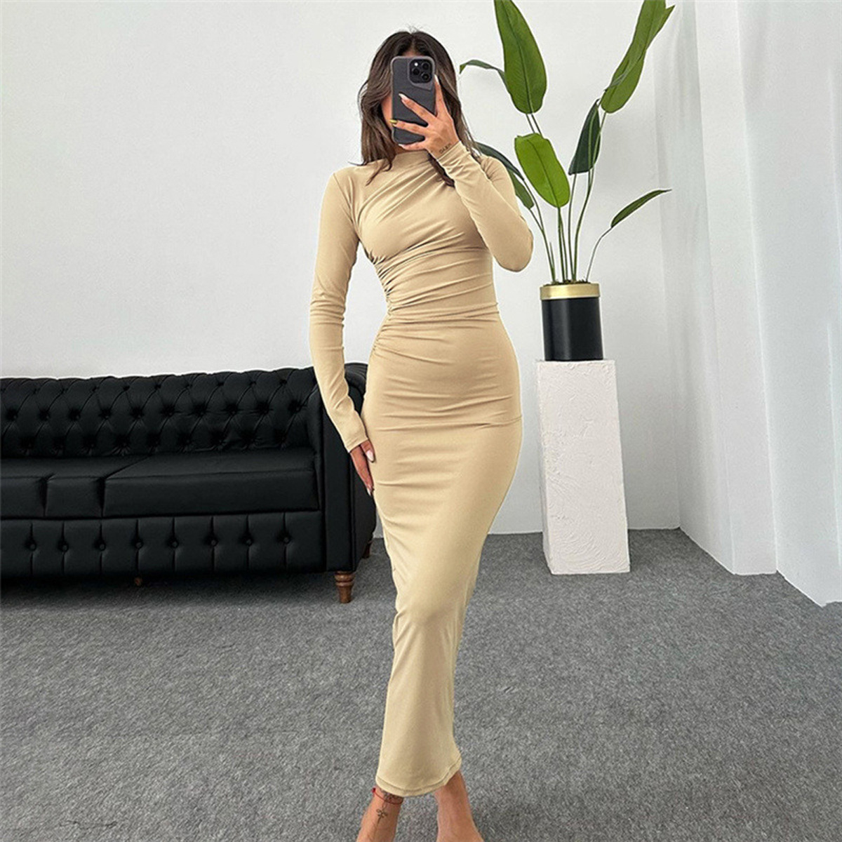 2024 Spring and Autumn New Slim High Sense Solid Color Elegant Long Hip dress Women
