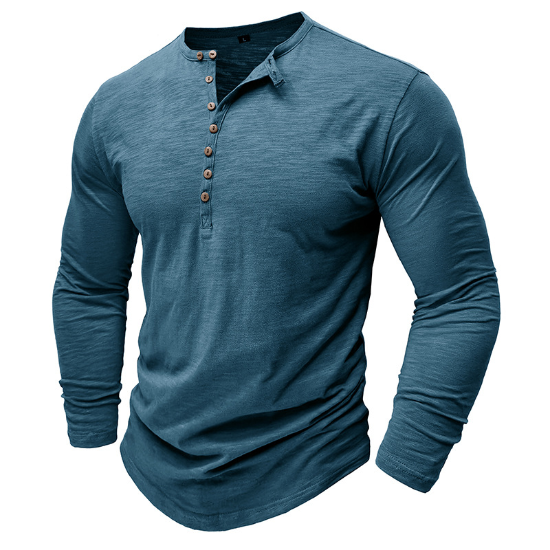 2024 Autumn and Winter Cross-border Men's Wear Foreign Trade Men's Long-sleeved T-shirt Outdoor European and American Men's Henry Shirt Slub Cotton Top