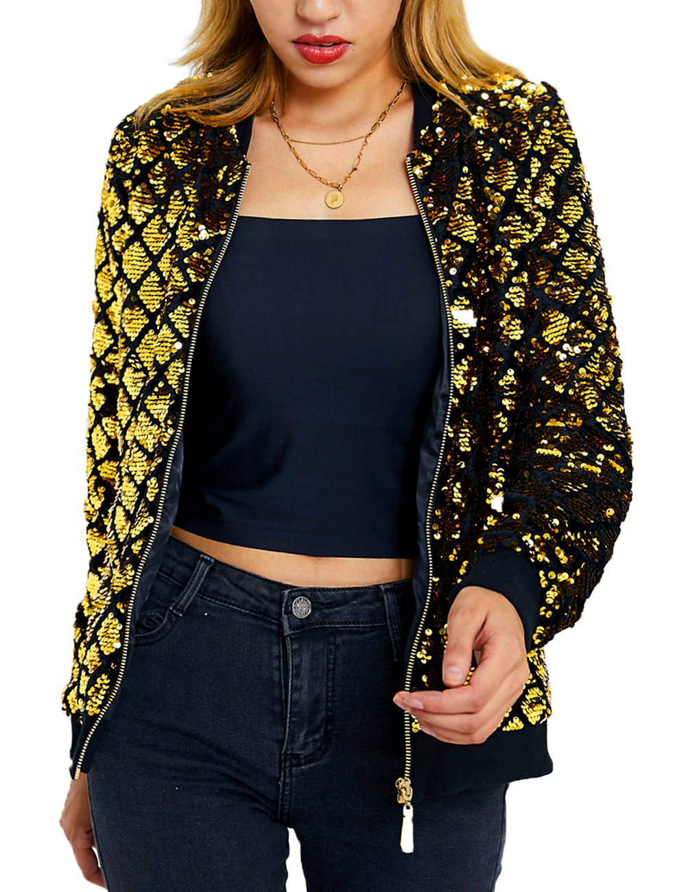 European and American cross-border new Amazon Women's sequined jacket Plaid shiny baseball uniform parka suit good quality