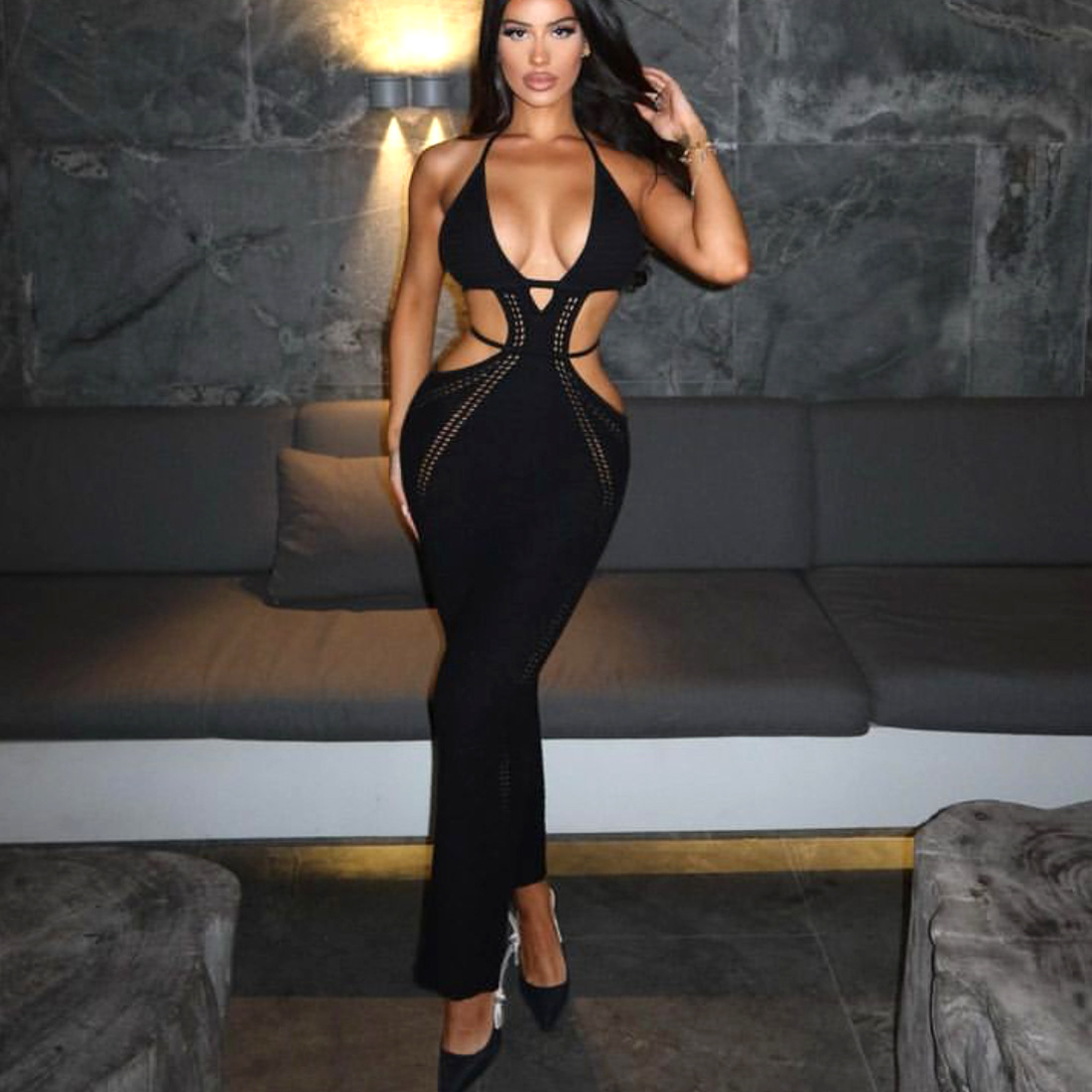 Summer European and American Women's Sexy Street Style Pure Desire Hanging Neck Lace-up Wrap Chest Hollow Backless Knitted Sheath Dress