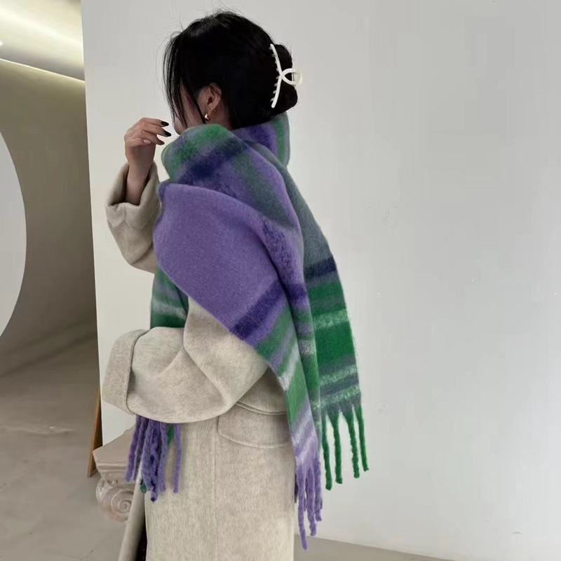 Za系列秋冬新款拼色條紋仿羊絨圍巾時尚長款加厚保暖圍脖外搭披肩