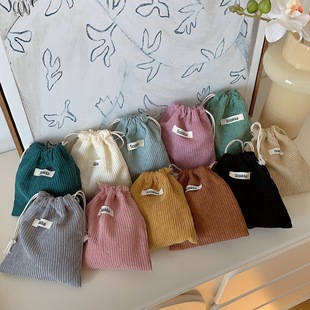 32133 Solid Color Corduroy Weaving Marks Storage Bag Drawstring Corset Cosmetic Bag Women's Portable Portable Large Capacity