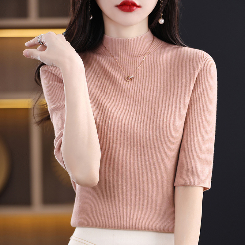 2023 Spring Knitwear Sweater Women's Slim-fit Half-turtleneck 5 Five-point Sleeve Base Sweater Women's Factory Batch