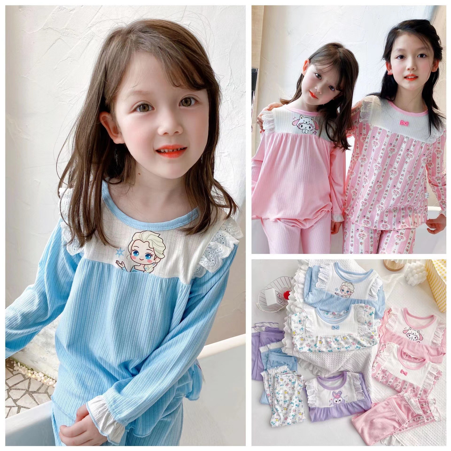 2022 Girls Spring Long Sleeve Pajamas Cute Home Clothes Four Seasons Air-conditioning Suit Soft Stretch Jacquard Class a Lace