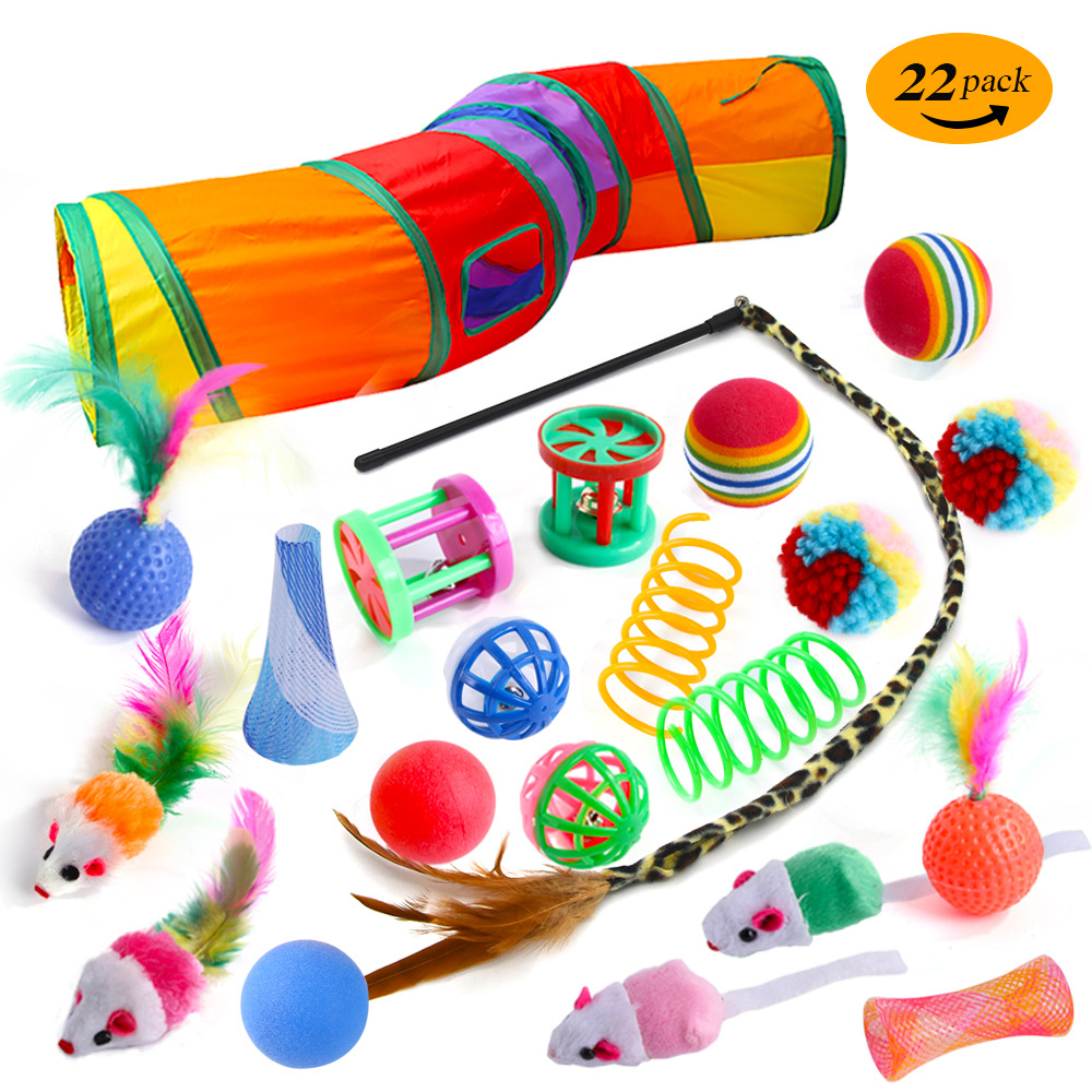 Cross-border New Pet Cat Toy Bell Ball Feather Cat Teaser Plush Mouse Spring Cat Tunnel 22 Pieces Set
