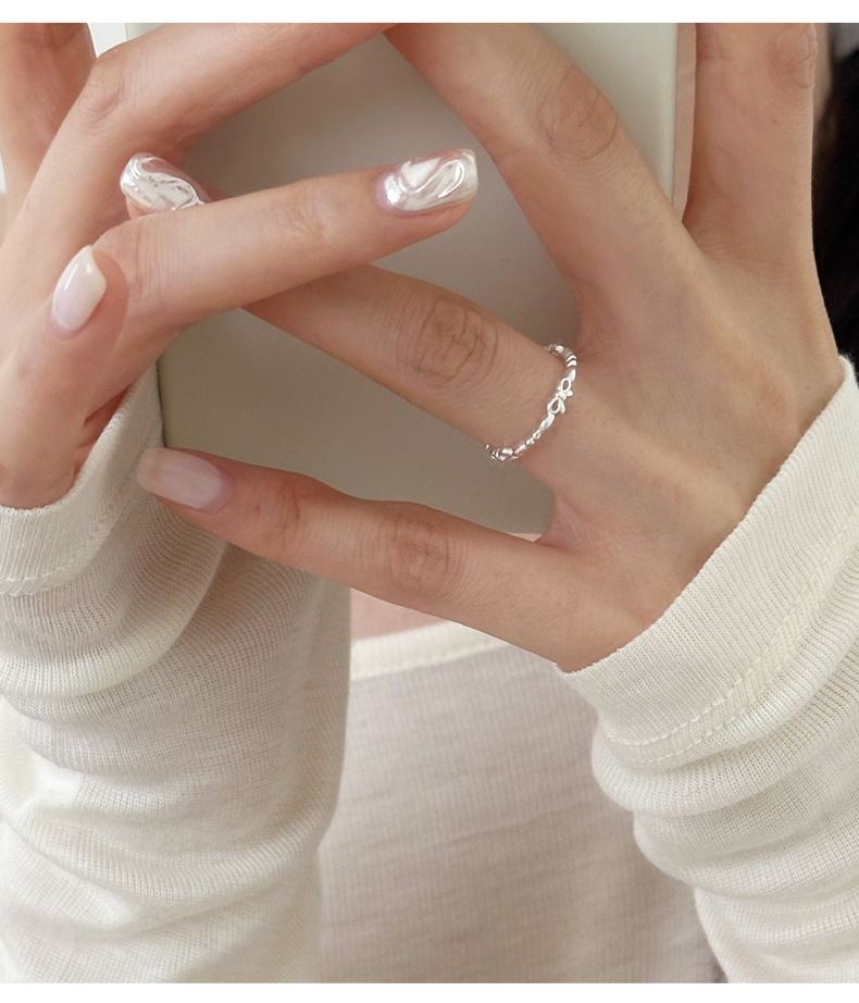 Sterling Sëlwer Schleifenring Damen Einfache Séiss Léif Dame Elegant Klengen Distinguéierten Oppene Ring 0020_voghion.com