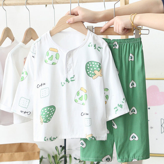 Children's Cotton Silk Pajamas for Boys and Girls Summer Girls Thin Boy's Artificial Cotton Children's Baby's Air Conditioning Home Clothes
