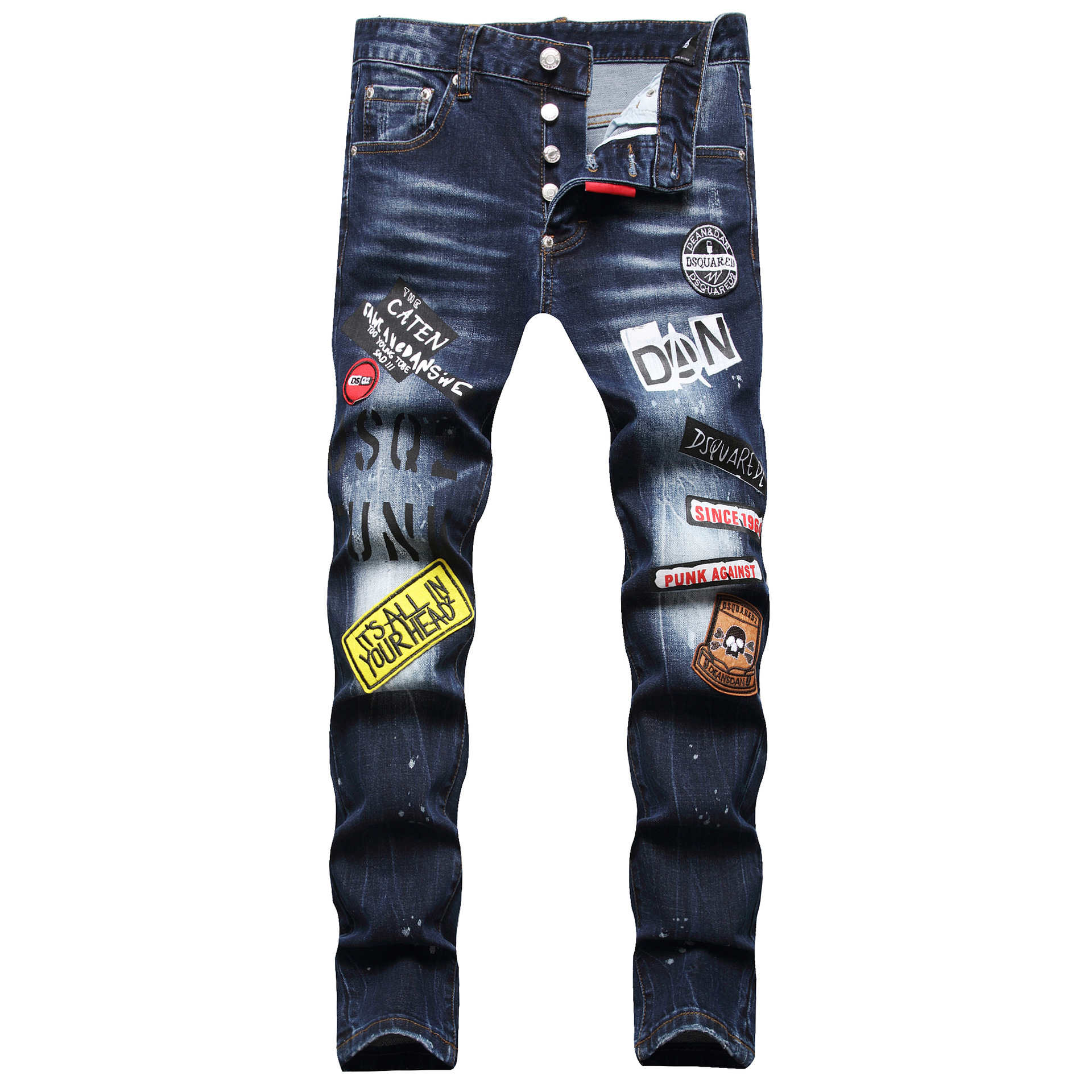 2021 Autumn New Trendy Brand Printed Fashionable Men's Jeans Trendy Slim-fit Small Foot Mid-waist Pants for Men