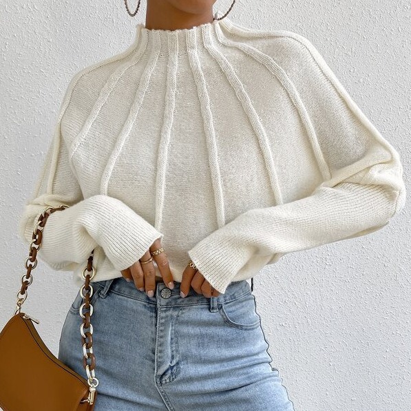 European and American cross-border Amazon half turtleneck solid color all-match knitted pullover batwing sleeve sweater for women
