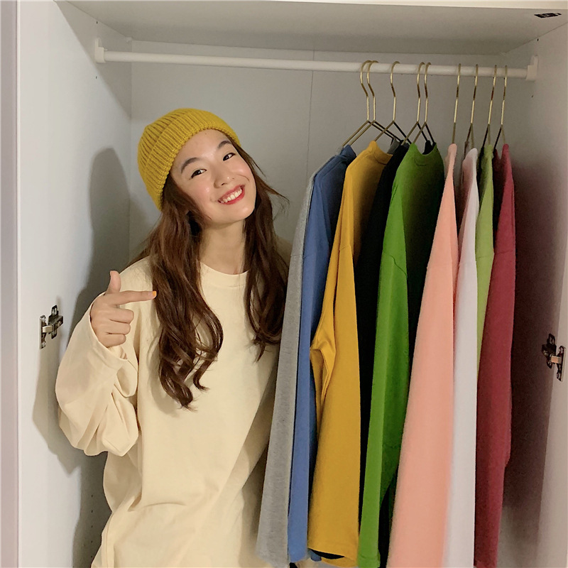 [10 color long sleeve T-shirt] 2024 cross-border spring and autumn Korea new loose solid color long sleeve large size T-shirt women wholesale
