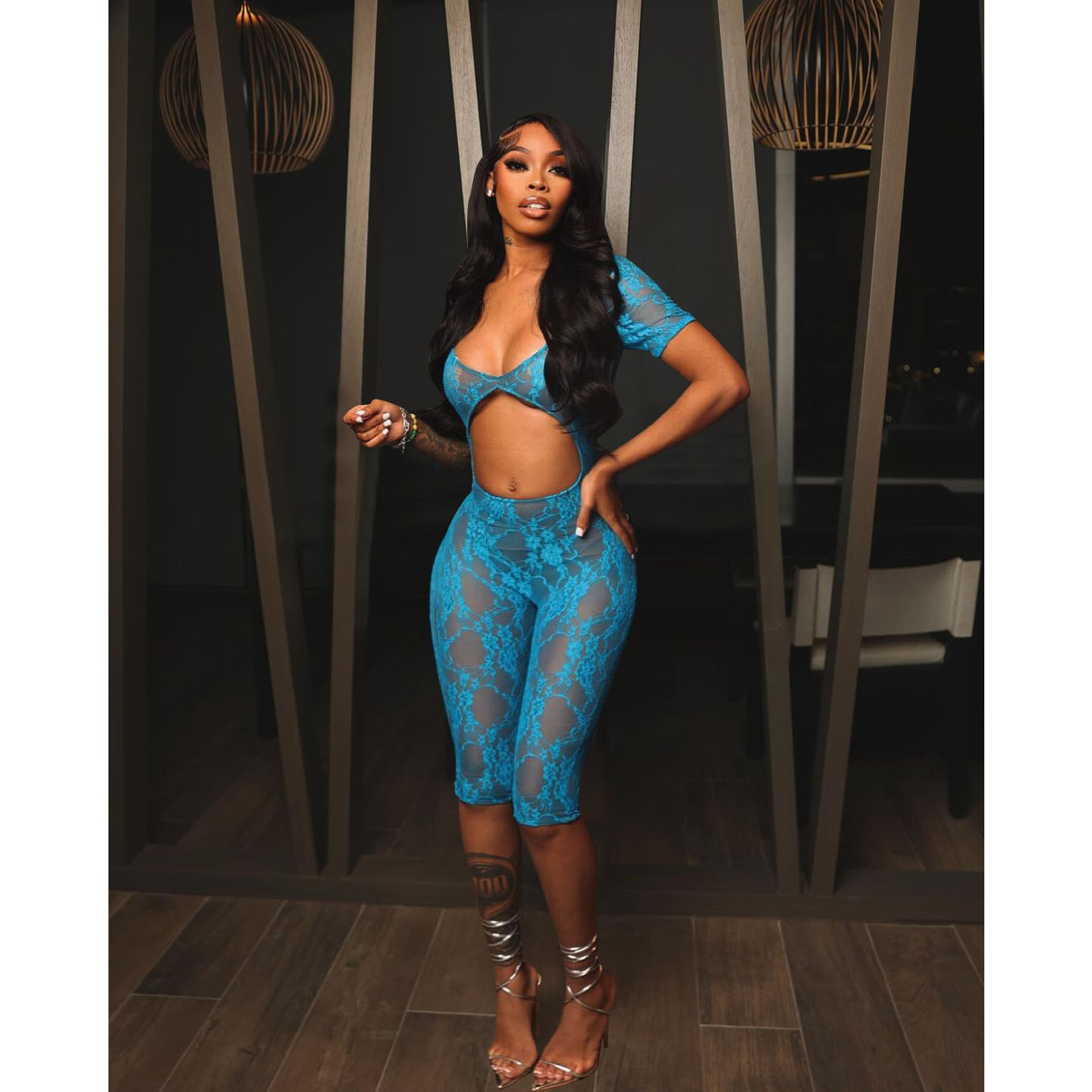 2024 Summer European and American women's clothing cross-border exclusive fashion sexy nightclub style mesh jumpsuit