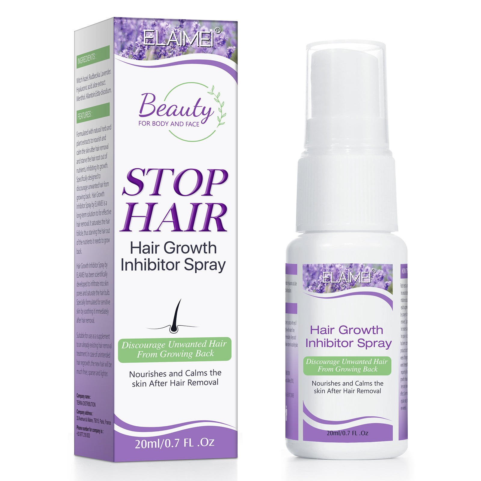 Cross-border ELAIMEI HAIR suppression spray STOP HAIR gentle nourishing shrink pores body available