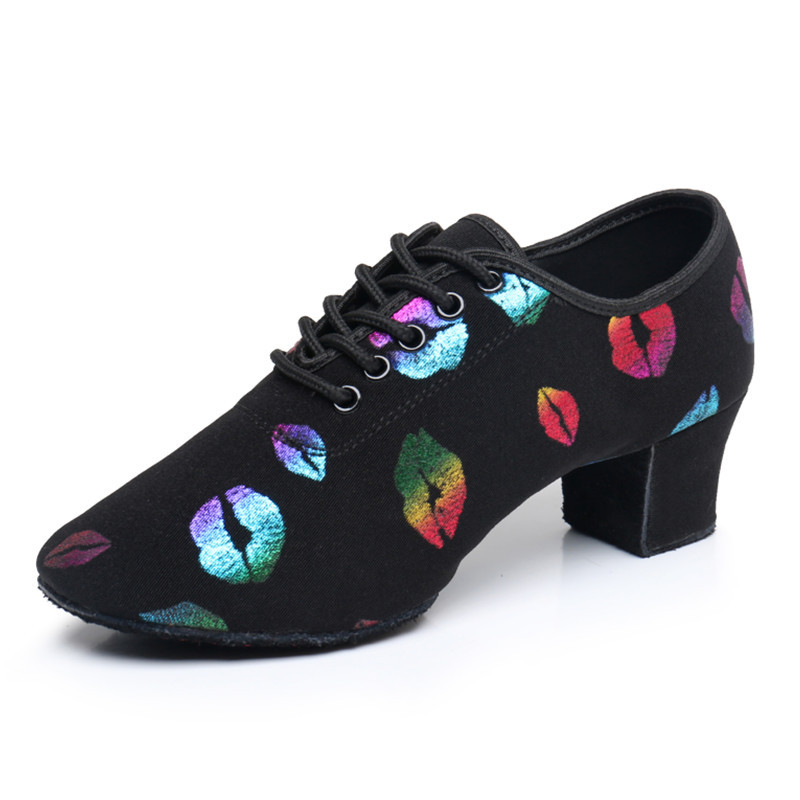 New Autumn Color Oxford Cloth Dance Shoes Colorful Lip Print Women's High Heel Latin Dance Shoes Belly Dance Practice Shoes