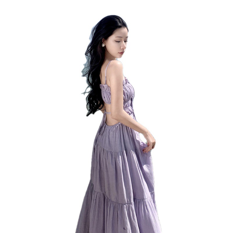 2023 Summer Fairy Vacation Style Long Dress Hole Large Skirt Open-Waist French Strap Backless Dress