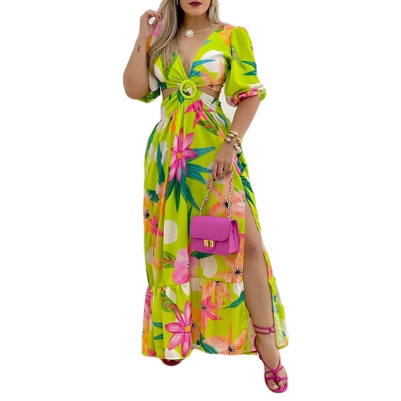 2024 Amazon cross-border foreign trade Europe and the United States women's summer fashion personality collar printed waist dress