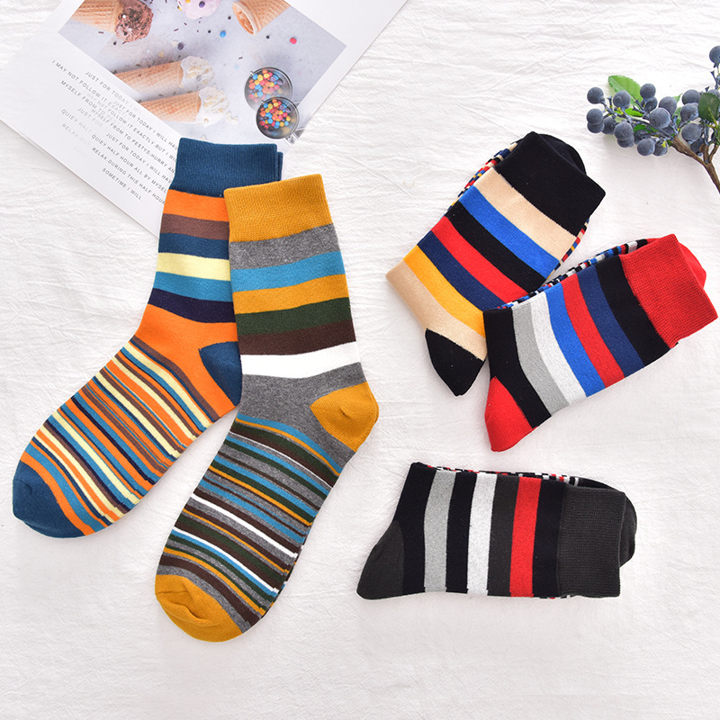 Spring, autumn and winter classic colorful thick and thin striped men's socks mid-calf men's cotton socks geometric fashion men's cross-border socks factory