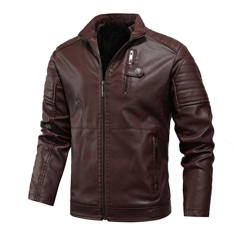 Autumn and Winter new men's fleece-lined leather coat men's youth casual stand collar men's workwear leather coat