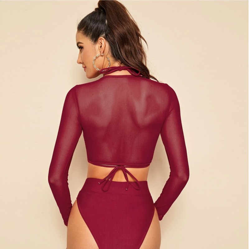 2022 new European and American sexy split swimsuit plus size three-piece mesh bikini swimsuit long sleeve BIJINI