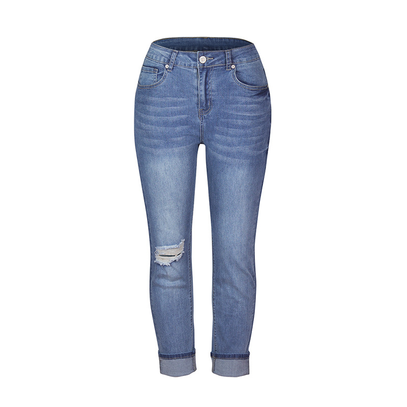 2021 Cross-border Amazon Independent Station Cut Stretch Middle Waist Leg Jeans Women's Pants Super Hot