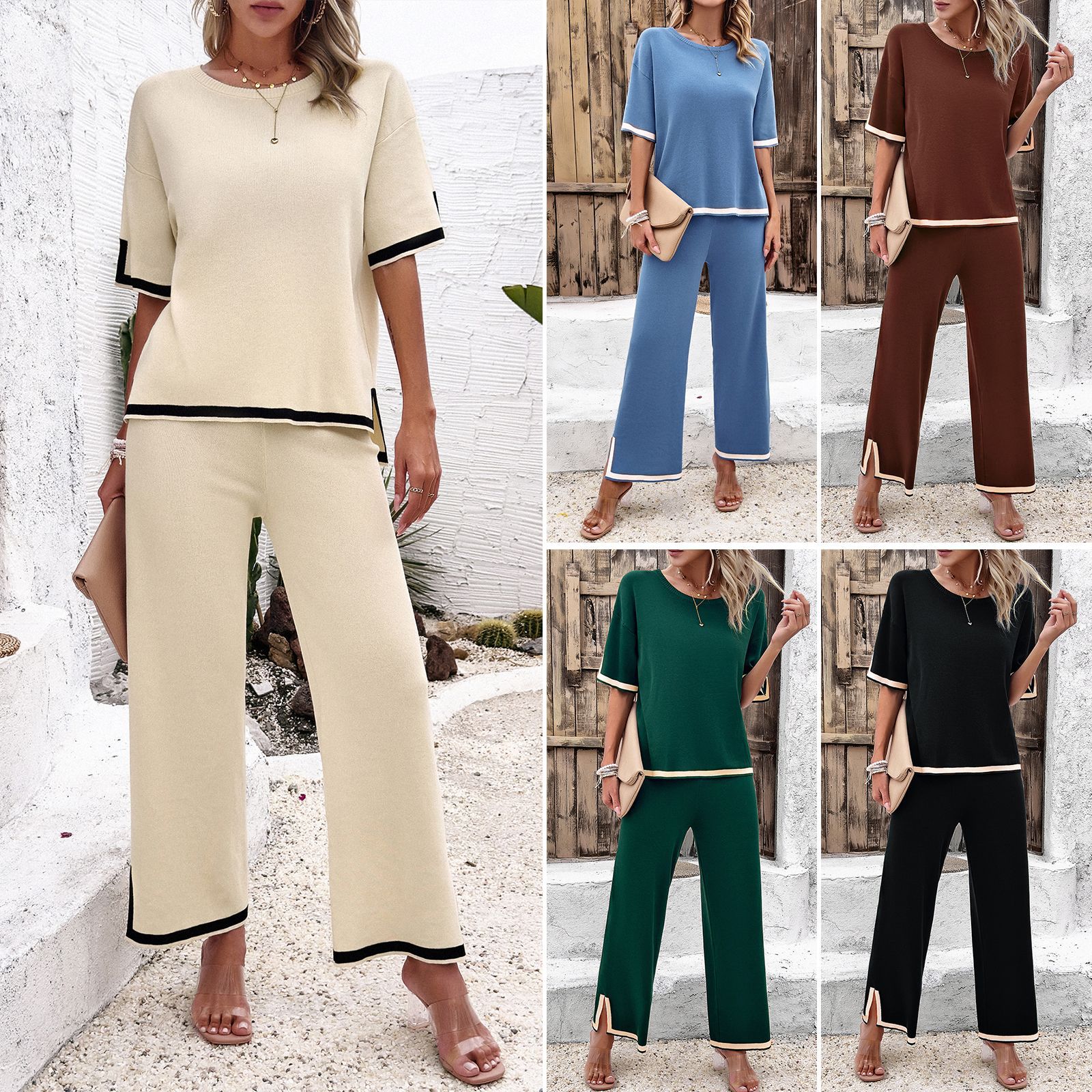 Di Yun cross-border Amazon fashion women's clothing 2024 spring and summer foreign trade temperament casual short sleeve knitted pants suit