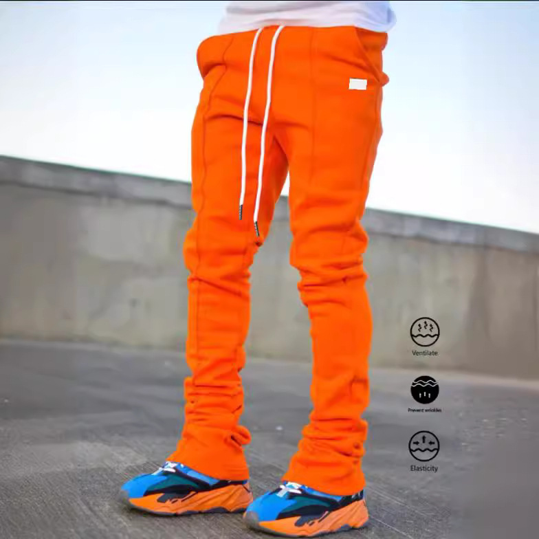 Cross-Border Men's sports casual Four Seasons long flared pants slim lace elastic waist solid color trousers