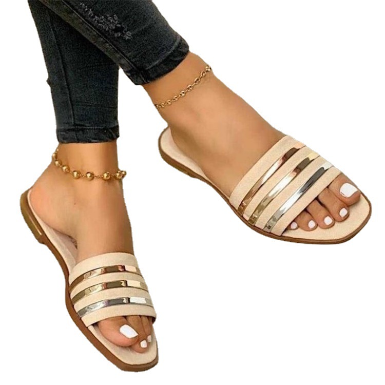 wish Amazon Large Size African Sandals Women's 2021 Summer European and American Sequins Flat Breathable Slippers for Women