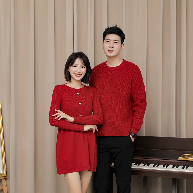 Family of three and four Family photo Parent-Child outfit Mother-son father-son mother-daughter parent-child outfit Autumn and winter red sweater