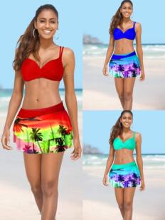 2023 New Cross-border European and American Sexy Split High Waist Ruffled Printed Bikini Swimsuit Women Bikini