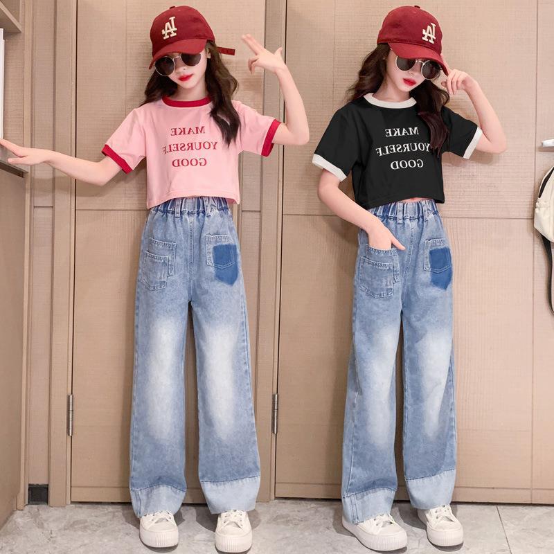 Girls Summer Suit New  Big Children Letter T-shirt Fashionable Street Jeans Two-piece Trendy Set