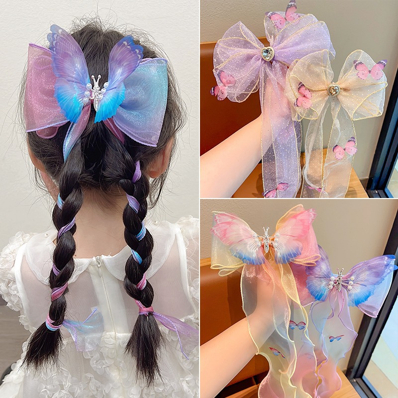 Girls' hair accessories bow ribbon tie hair braiding hairpin movable butterfly wings mesh cute princess headdress
