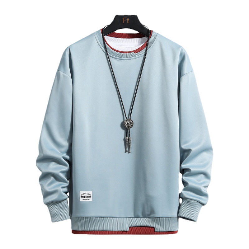 Sweater men's custom wholesale solid color sweater round neck clothes student Korean style loose sports fake two-piece fleece-lined sweater