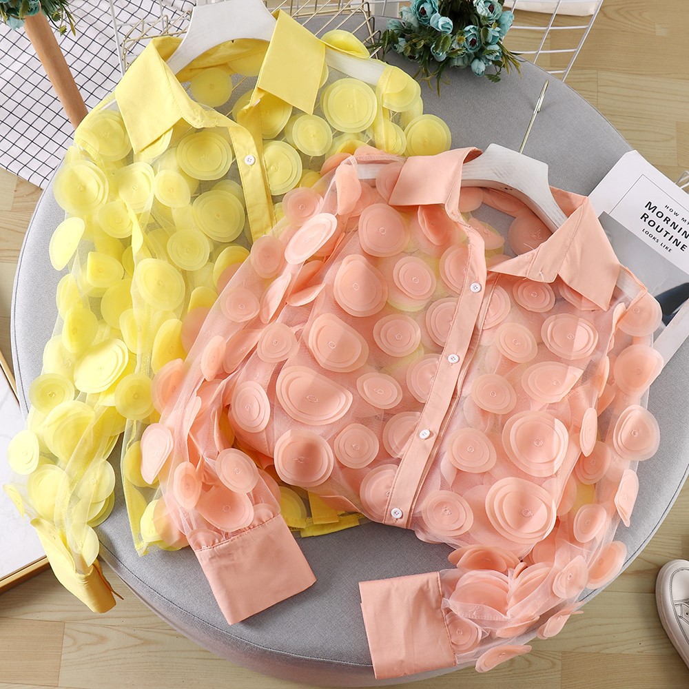 French Court Style Three-dimensional Flower Stage Dress Women's Chiffon Shirt Hollow Lantern Sleeve Stylish Mesh Shirt Women