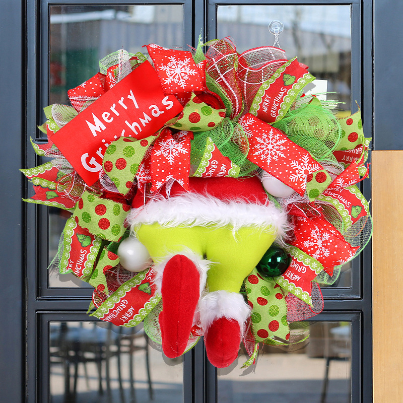 Amazon hot sale Grinch leg Garland door hanging 2023 Jingchen new Christmas decorations green fur monster ornaments