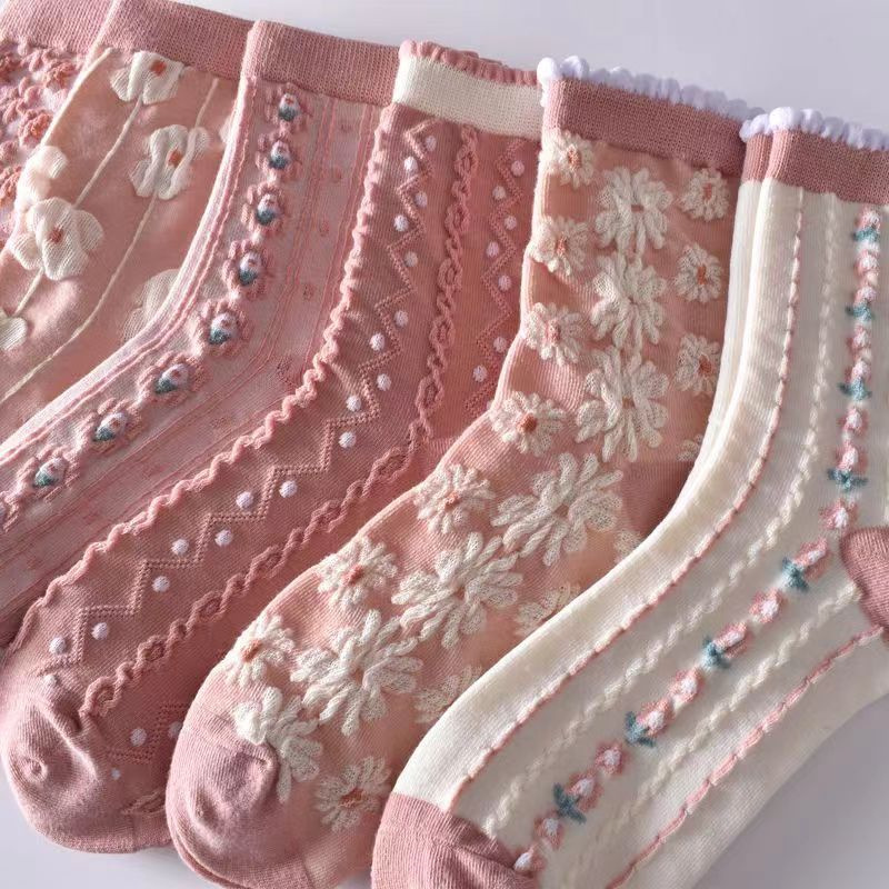 Socks Women's Socks Pink Bubble Mouth Twist Embossed Palace Style Korean Style Cute All-match Women's Long Socks